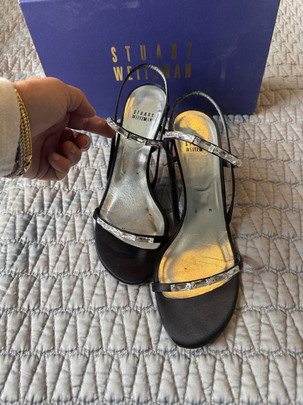 Stuart Weitzman Black Satin Crystal-Trim Slingback Heels Size 8 - Picture 2 of 10
